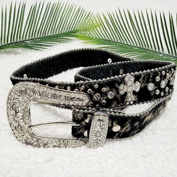 Western Cross Charm Rhinestone Beaded Belt Size L