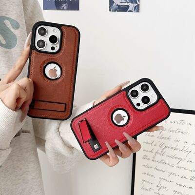 For iPhone 13 14 15 16 Pro Max Logo View Slim Leather Case with stand Shockproof