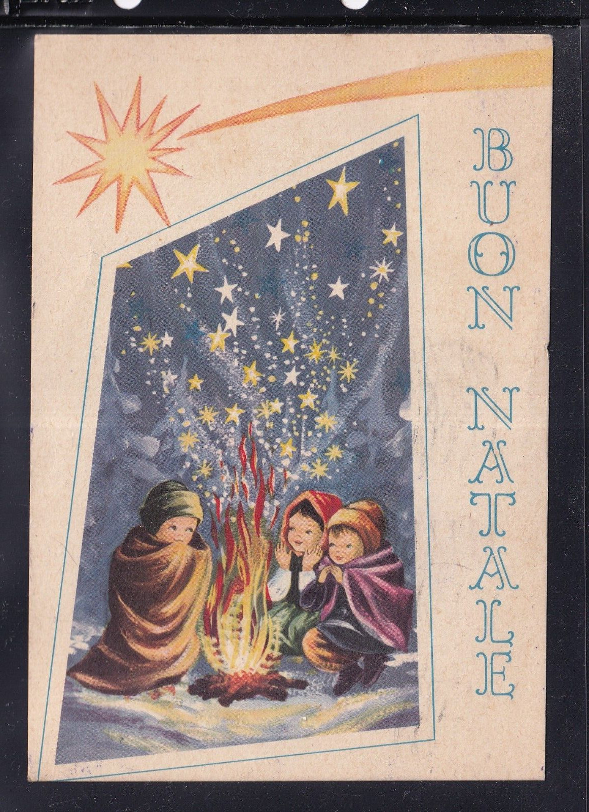 Cartolina Buon Natale Bambini Fuoco Stelle Z1333