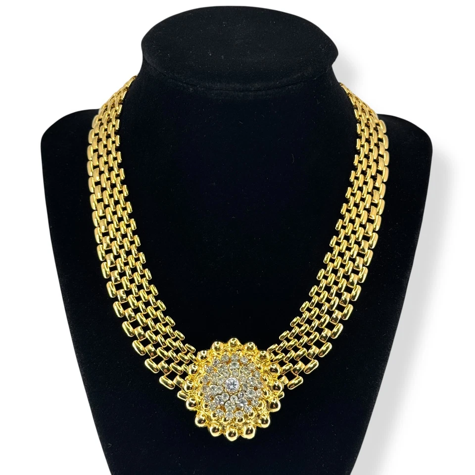 Gargantilla de Colección Oro Eslabón Pantera Cristal Estrás Cadena Collar Punta Pesada