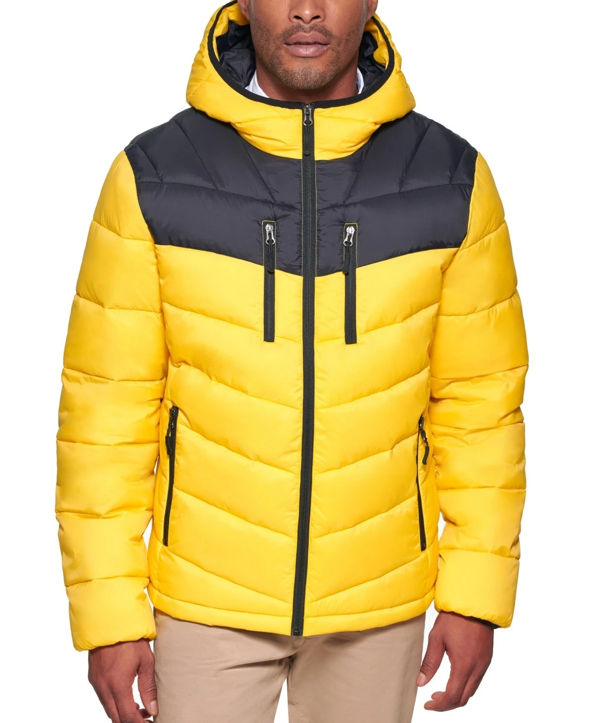 Club Room Men's Chevron Quilted Hooded Puffer Jacket Yellow Size XL MSRP $125
