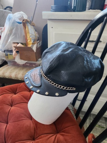 Vintage Harley Davidson Cycle Leather Captain's Cap Hat with Chain USA