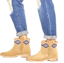 SOLUDOS Embroidered Booties Suede Leather Boho Block Heel Boots Tan Brown