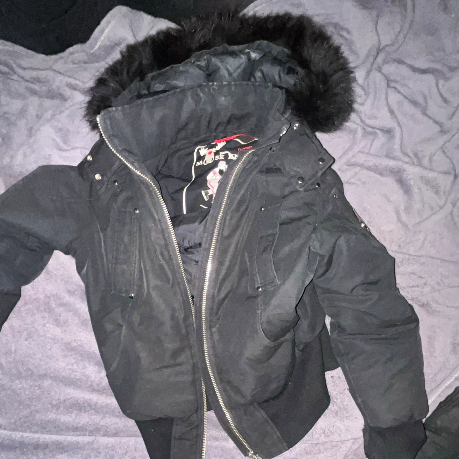 Moose Knuckles Men's Black Down Puffer Jacket Hooded Fur Trim Size L - product detail image 1