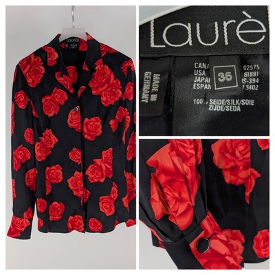 Escada Laurel Vintage 90s Silk Rose Print Hidden Button Blouse Germany Size 36