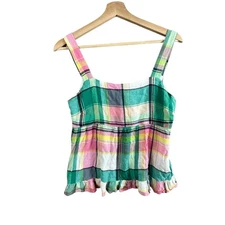 LOFT Plaid Tie Back Peplum Cami Spring Tank Top Ruffle 6 Petite 6P P6