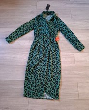 AX Green Leopard Print Long Sleeve Midi Dress BNWT Mock Wrap Silky Classic UK10