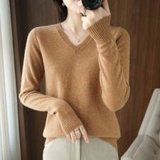 Women Wool Blend Cashmere Sweater Knitted Pullover Slim V Neck Sweater Solid