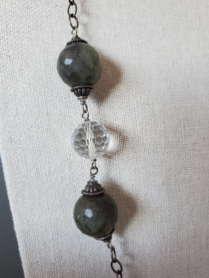 Faceted Labradorite And Clear Crystal Bead Station Sterling Silver Long Necklace - Image 2 of 4