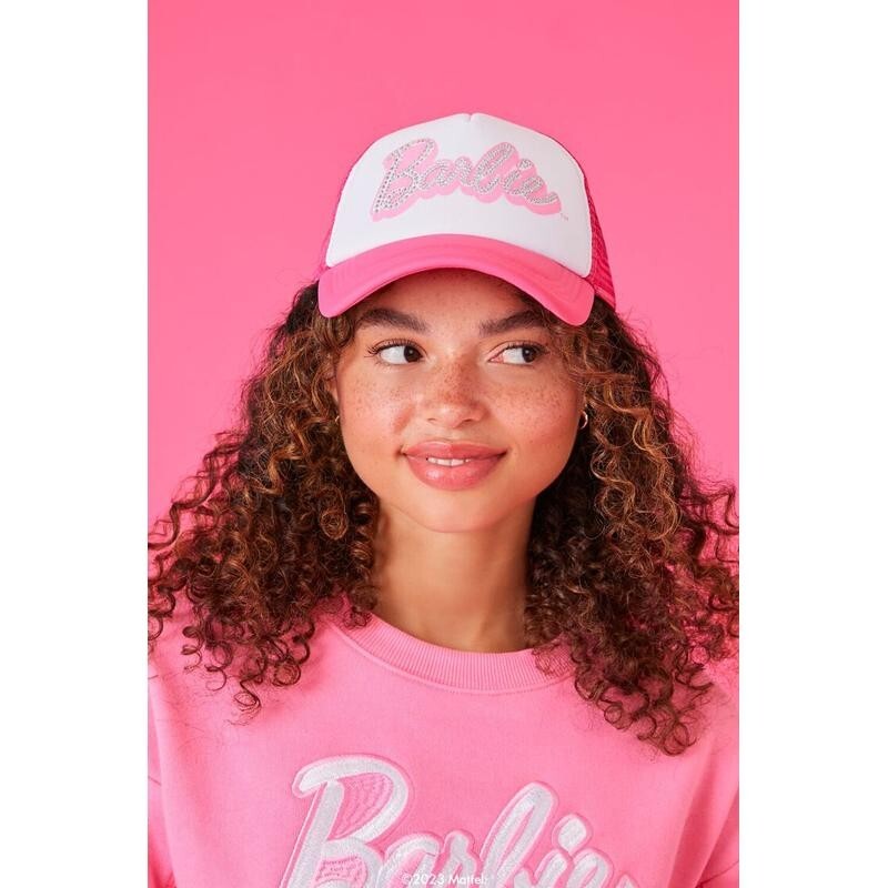 Forever 21 Barbie Rhinestone Logo Pink Trucker Cap OS NEW 