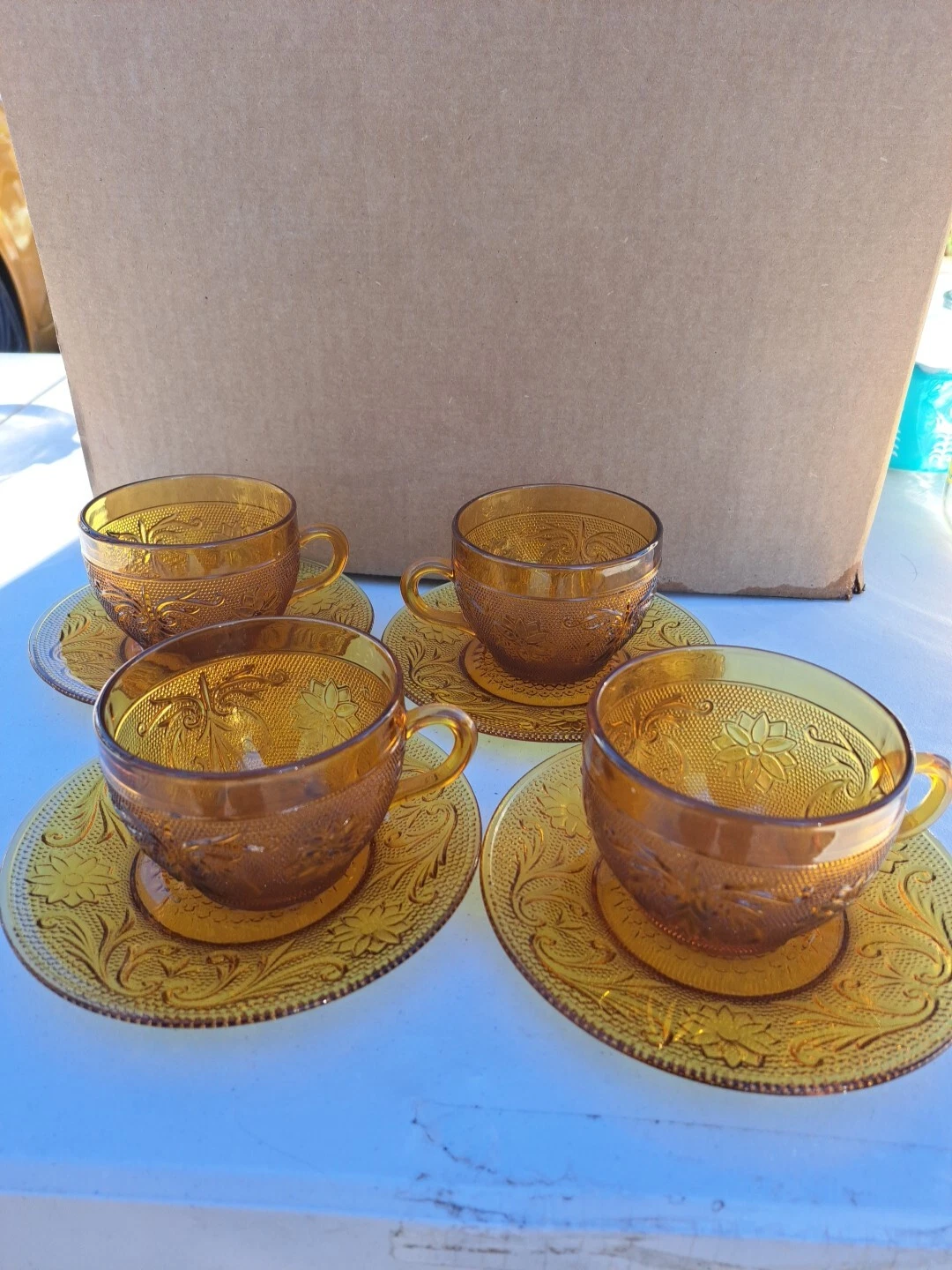 Tiara Indiana Amber Glass Cups and Saucers Set of 4 Vintage Sandwich Glass Amber