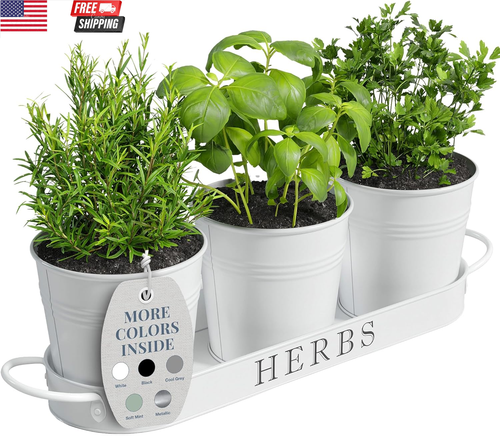 Indoor Herb Garden Planter Set with Tray, Metal Windowsill Plant Pots with Drain