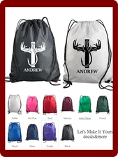 CROSS ANTLERS NYLON DRAWSTRING BACKPACK CINCH SACK SCHOOL BAG PERSONALIZED NAME