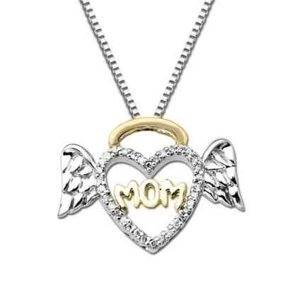 0.15CT Round Lab Created Angel Heart ''Mom'' Pendant Necklace 14kWhite Gold Plated