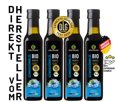 KRÄUTERLAND Bio Schwarzkümmelöl UNGEFILTERT, 4x250ml, ägyptisch, kaltgepresst 