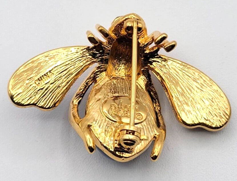 JOAN RIVERS BROCHE PRENDEDOR ABEJA PAVÉ CRISTAL ESTRÁS AZUL LUCITE FIRMADO TONO DORADO Foto 4 de 4