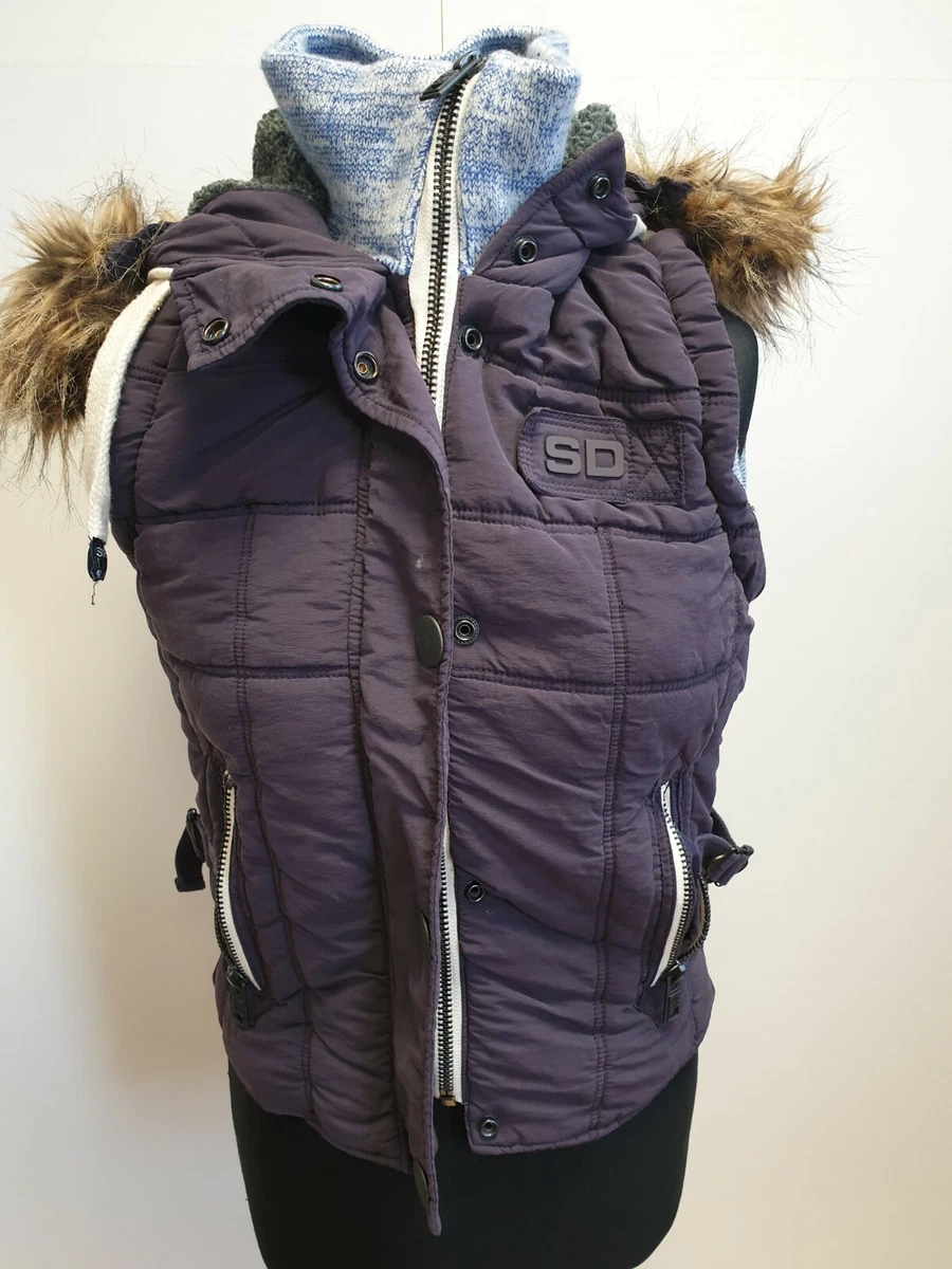 F634 WOMENS SUPERDRY MOUNTAINEER PURPLE FUR HOOD BODY WARMER GILET UK XS EU 34
