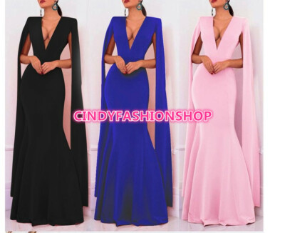 Women Deep V Neck Cloak Long Sleeve Mermaid Maxi Party Sexy Long Prom Dresses #P