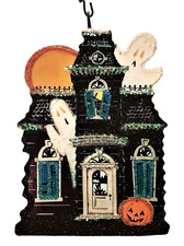 HAUNTED HOUSE w GHOSTS, FULL MOON * Glitter HALLOWEEN ORNAMENT * Vtg Img