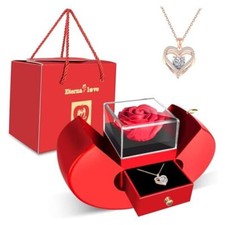 Preserved Flower Red Rose with Heart Necklace, Gift Red Gift Box With Necklace