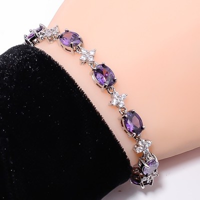 Purple Amethyst, CZ 925 Sterling Silver Adjustable Bracelet 7-8'' B13393