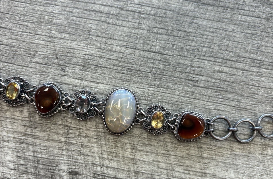 Brazalete Sajen de plata de ley 925 con múltiples piedras de 9 pulgadas — LEER Foto 3 de 4