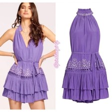 Ramy Brook Angeline Lace Embroidered Tier Sleeveless Mini Dress Lavender S $475