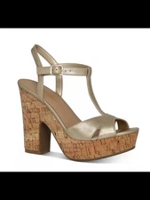 SUN STONE Womens Gold 1" Platform Jamie Toe Block Heel Slingback Sandal 7.5 M