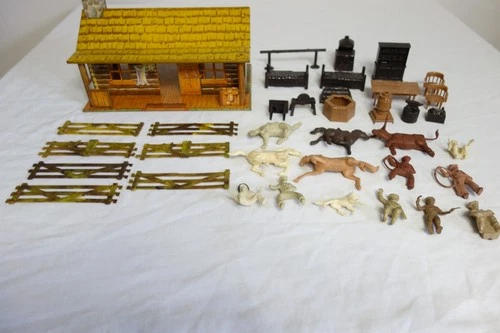 MARX BAR-M-RANCH Western Set Tin Toy Litho Cabin Accessories Tools Horse Cowboy