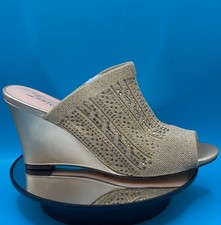 Lauren Lorraine Women Wedge Shoes Gold Glitter Slip Ons Open Toe Size 6.5 M NIB