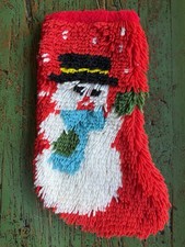 Vintage Latch Hook Snowman Stocking 16  Christmas Holiday