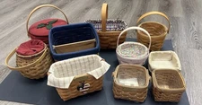 Longaberger Basket Lot of 10 Handwoven Signed with Liners Protectors Tie-Ons