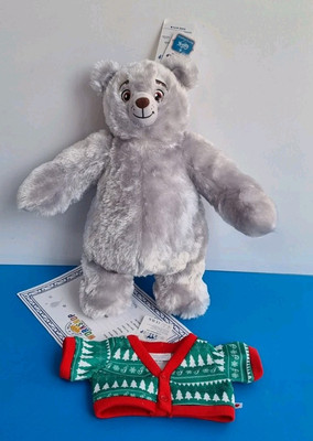 Build A Bear Grizz silberner Bär von Glisten & The Merry Mission & Strickjacke neu mit Etikett 