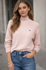 LACOSTE Wool Sweater Pale Pink Pullover Mock Neck Logo Women Size 36 FR / US 4