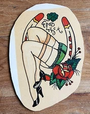 antique vintage tex rowe horse shoe rose good luck pinup legs tattoo flash 4x6