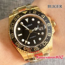 BLIGER 40MM Gold Case Automatic Men's Watch GMT Sapphire Glass Strap Glide Lock