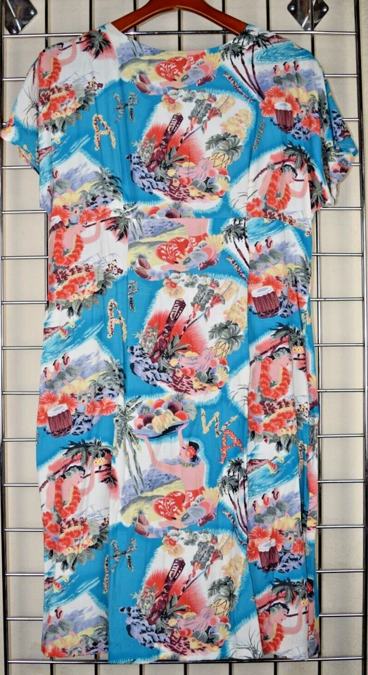 Винтажное гавайское платье размер S/M 70-е океан синий хула танцоры пальмы вискоза - Изображение 3 из 4