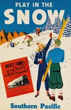 Play In The Snow vintage winter train travel poster 12x18