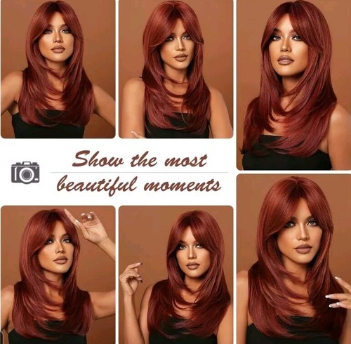 WIG - Auburn / Wine Red Silky Straight Hair Adjustable Classic Cap w Bangs - Picture 5 of 5