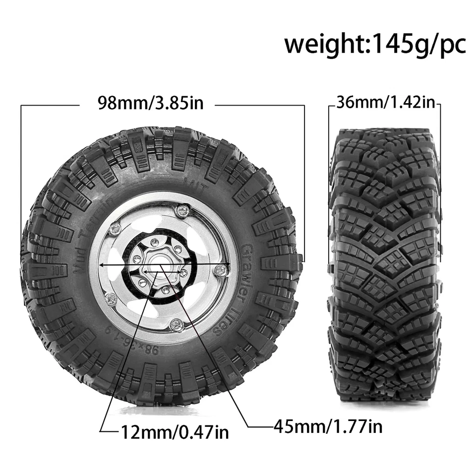 Juego de llantas de goma Beadlock de metal de 1,9" para coche sobre orugas de radiocontrol de 1/10 TRX4 RC4WD Foto 2 de 4