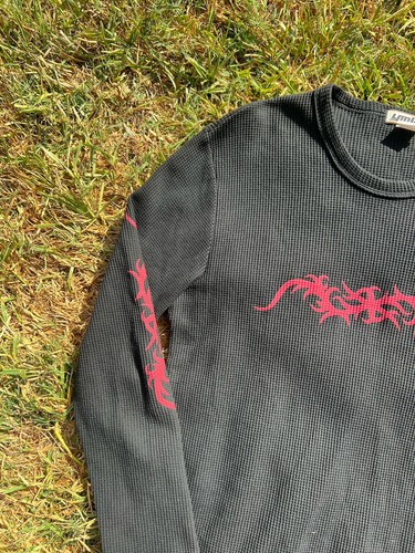 Vintage YMLA Long Sleeve Thermal Rave Skater Flames Tribal Thermal Shirt L - 第 4/7 張圖片