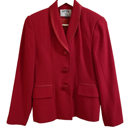 Veste blazer femme à 3 boutons Kasper ASL Petites taille 4P satiné garniture rouge - Photo 1/11