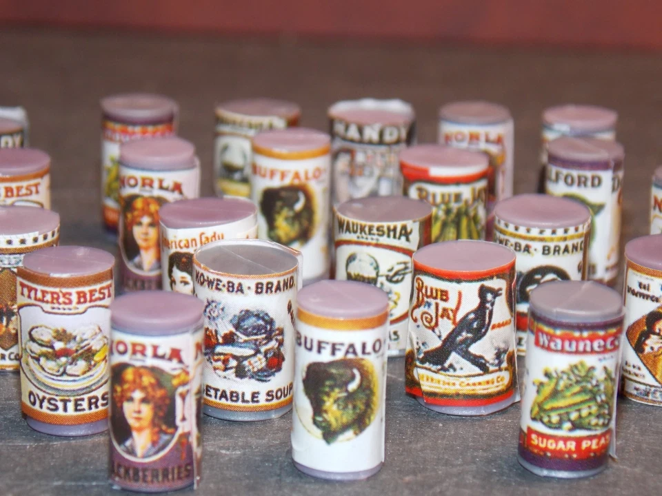 Casa de muñecas miniatura vintage lata comida comestibles 24 p escala 1:12 Dollys Gallery D256 Foto 4 de 4