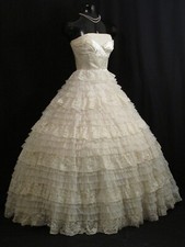 Vintage 1950's 50s STRAPLESS Ivory Chiffon Lace Satin Prom Wedding Dress Gown