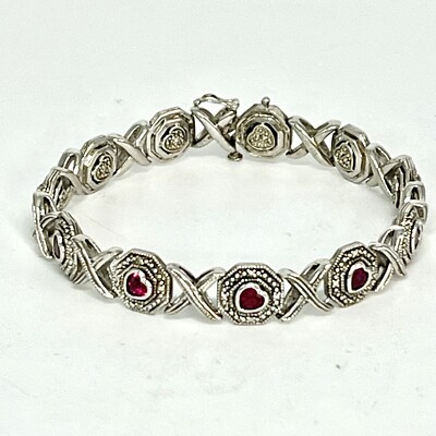 Vntg Sterling Silver Ruby (Heart Shaped)Hugs And Kisses Bracelet 8” Read 