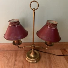Vintage Tole Ware tin Metal 2 candle Lamp Double Arm pair Maroon 17.25”
