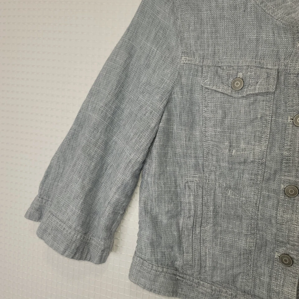 Jaqueta jeans feminina vintage excelente estado usado pequena LOFT ANN TAYLOR azul linho/algodão forrado - Imagem 4 de 4