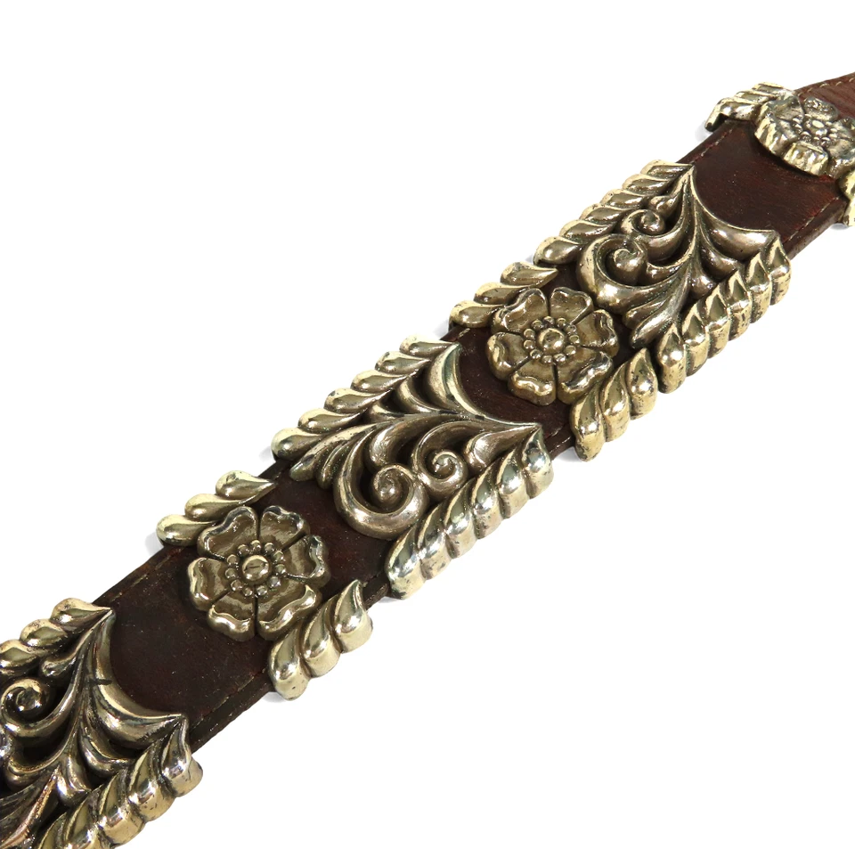 Cinturón De Cuero Marrón Brighton PLATA FLOR Y CUERDA CONCHO DESLIZANTE Pesado M/32 De Colección Foto 4 de 4