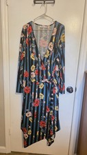 Avenue Plus Size 4x Blue And Black Long Sleeve Floral Striped Wrap Dress