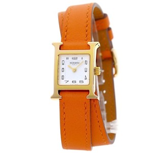 Authentic HERMES H Watch Mini Double Tour Watches HH1.101 Gold Plated/Leather Ladies